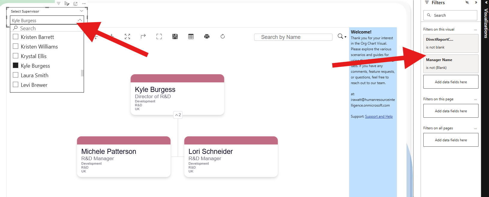 Adding a slicer using the Team or Supervisor field