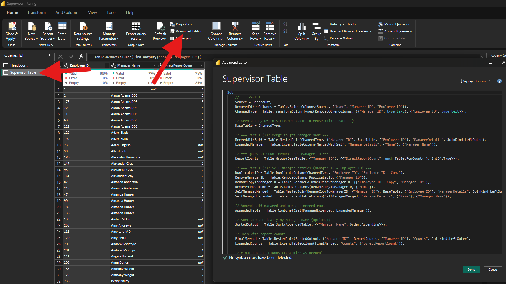 Power Query Advanced Editor showing M code
