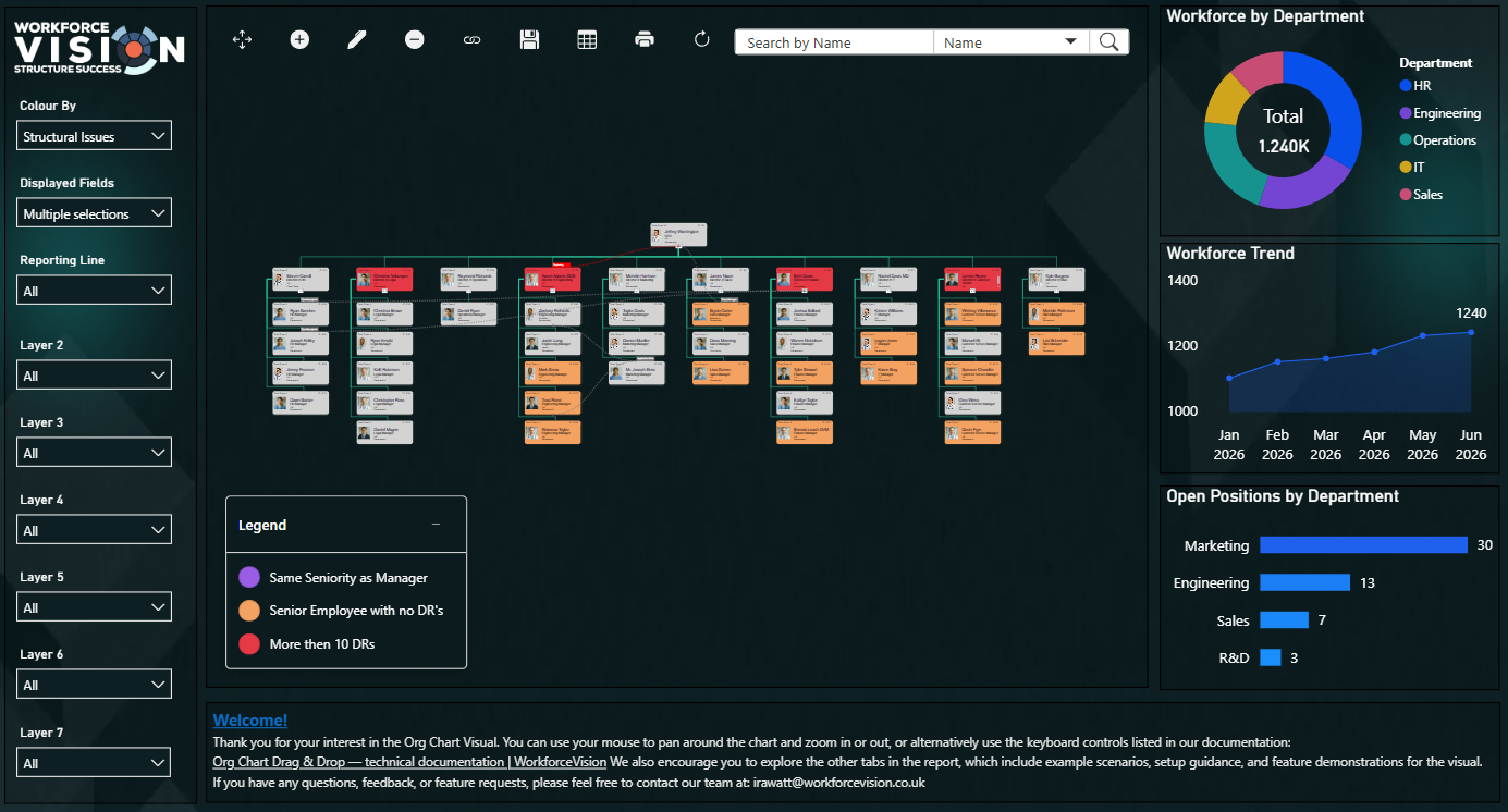 Org Chart dashboard with structural issue highlighting and workforce analytics
